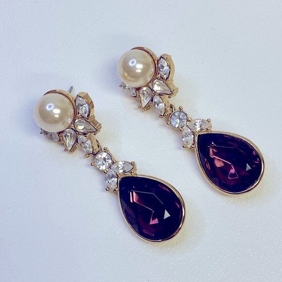 Nolan Miller Glamour Collection Faux Pearl & Amethyst Dangle Drop Earrings - Picture 8 of 8